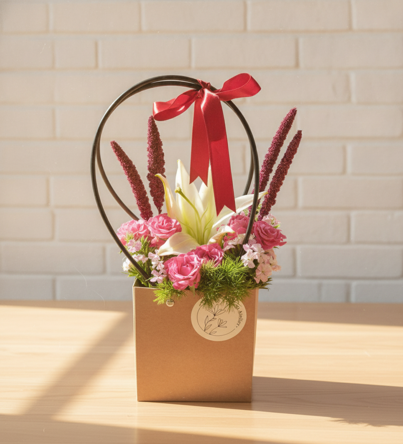 Weiße Lilie & Rosa Gartenrosen in der Kraftpapiertüte, Weiße orientalische Lilien und rosa Gartenrosen, kombiniert mit dunkelroten Akzentähren und zartem violettem Beiwerk, präsentiert in einer Kraftpapier-Geschenktüte mit rotem Schleifenband.