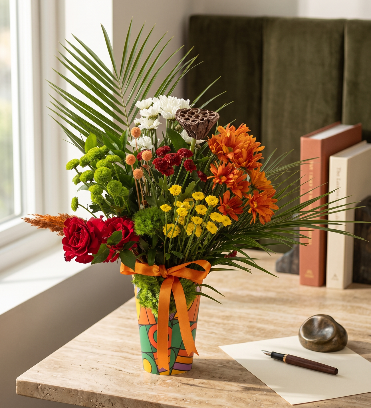 Mixed Chrysanthemum & Rose Garden Arrangement, Button chrysanthemums in yellow, green, orange and burgundy with red roses, white daisies, craspedia and a dried lotus pod, arranged in a colourful printed vase with an orange ribbon.