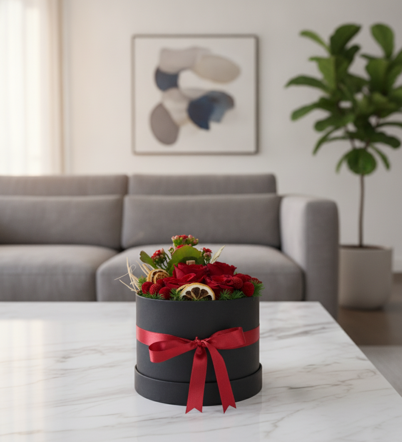 Roses Rouges & Kalanchoé dans un Coffret Noir, Des roses de jardin rouges avec un mini kalanchoé rouge, de la craspedia rouge, de la cannelle et du citron séchés, finis de raphia et d'un ruban rouge dans un élégant coffret cylindrique noir.