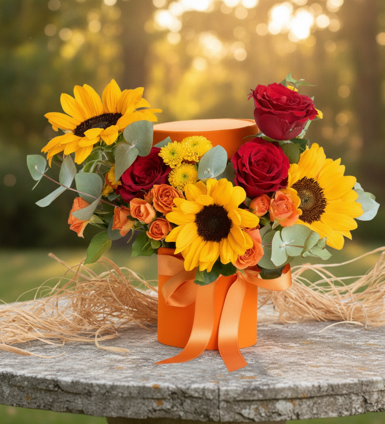 Sunflowers & Red Roses in an Orange Velvet Box, Cheerful sunflowers and red roses with orange garden roses, yellow button chrysanthemums and eucalyptus, gathered in an orange velvet box with an orange ribbon.