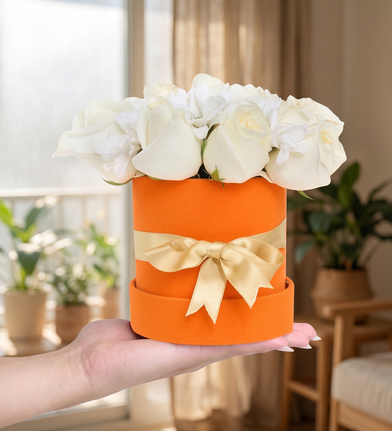 10 Weiße Rosen in Orangefarbener Samtbox, Zehn weiße Rosen dicht gedrängt in einer satten orangefarbenen Samtbox, veredelt mit einer goldenen Satinschleife für einen modernen, auffälligen Kontrast.