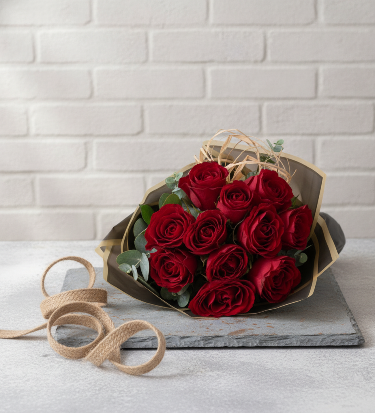 Eleven Red Roses Bouquet, Eleven red roses wrapped in black paper with a black ribbon, a classic declaration of love standing about 40 cm tall.