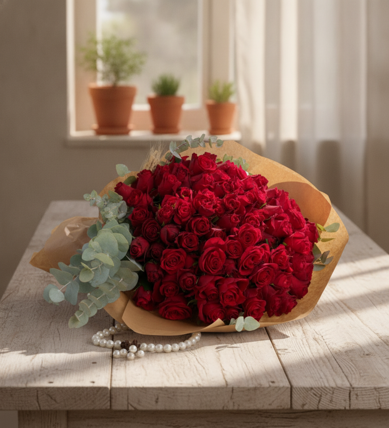 100 Rote Rosen im Kraftpapier, Hundert rote Rosen mit Eukalyptus und Weizenähren, verpackt in Kraftpapier mit roter Schleife, etwa 30 bis 40 cm hoch.