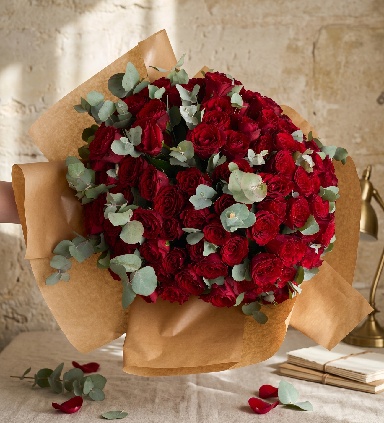 150 Rote Rosen im Kraftpapier, Hundertfünfzig rote Rosen mit Eukalyptus und Weizenähren, verpackt in Kraftpapier mit roter Schleife, die großzügigste Art zu sagen, dass es nur einen Menschen gibt.