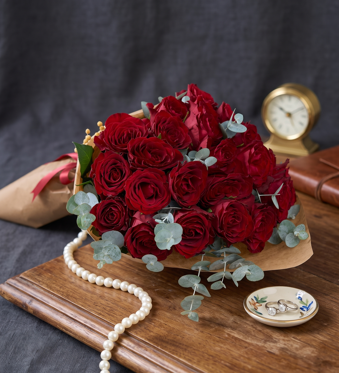 35 Red Roses in Kraft Wrap, Thirty-five red roses enriched with eucalyptus, wrapped in kraft paper and finished with a red ribbon, standing 30 to 40 cm tall.