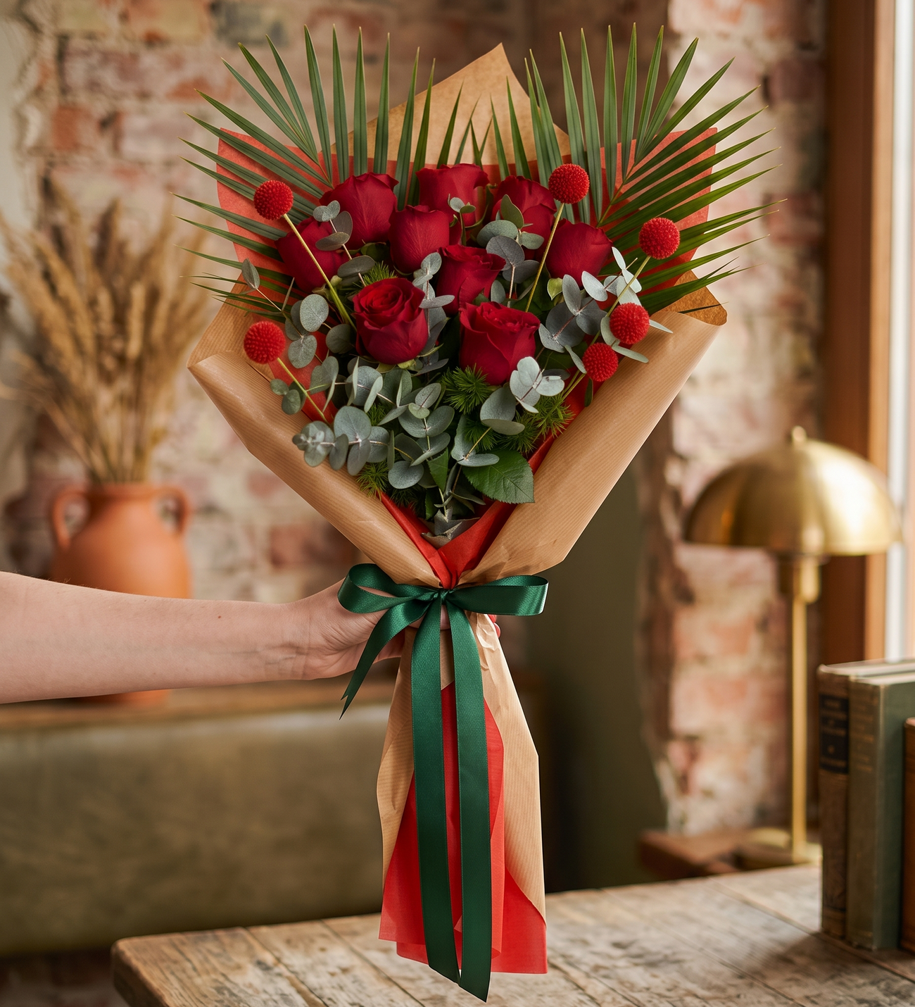 9 Rote Rosen & Phoenixpflanze im Kraftpapier, Neun rote Rosen mit einer Phoenixpflanze, Eukalyptus und getrockneten Akzenten, verpackt in Kraftpapier mit rotem Faden, etwa 30 bis 40 cm hoch.
