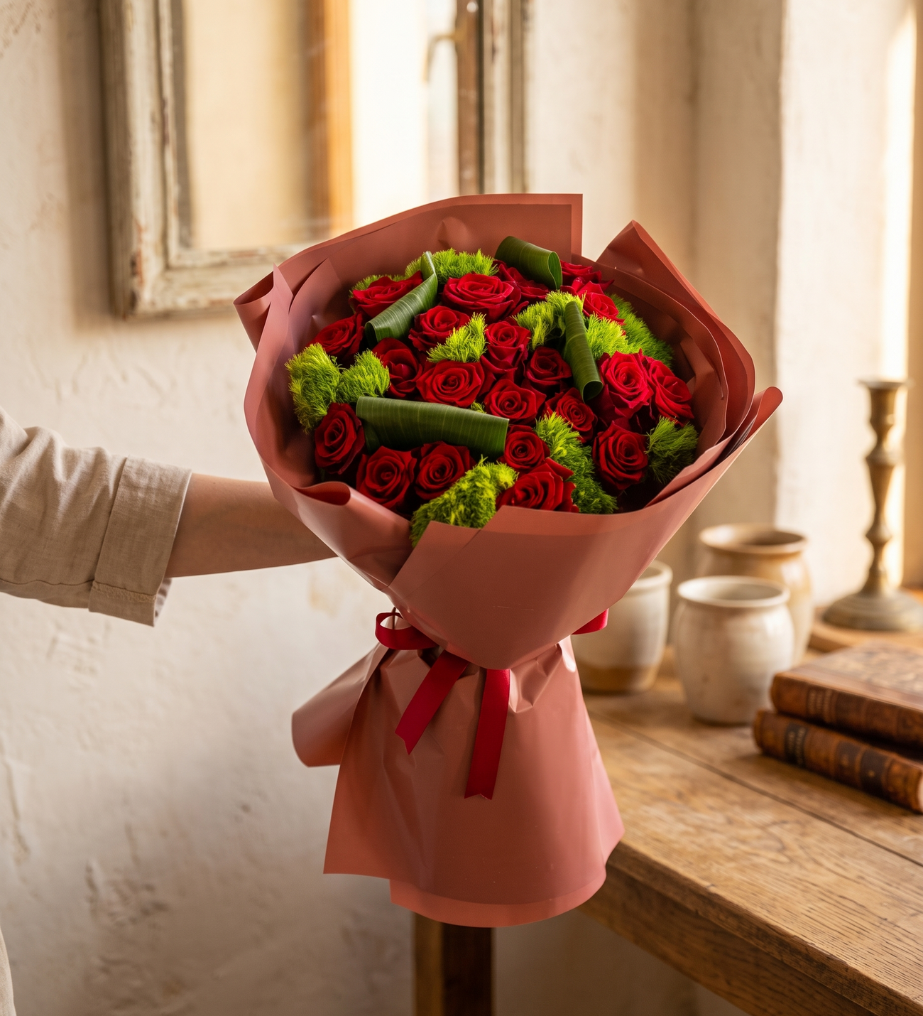 21 Rote Rosen & Grüne Aspidistra im Lachsfarbenen Wrap, Einundzwanzig rote Rosen mit grünen Aspidistra-Blättern und Dianthus Green Trick, verpackt in dunkellachsfarbenem Papier mit roter Schleife, etwa 40 cm hoch.