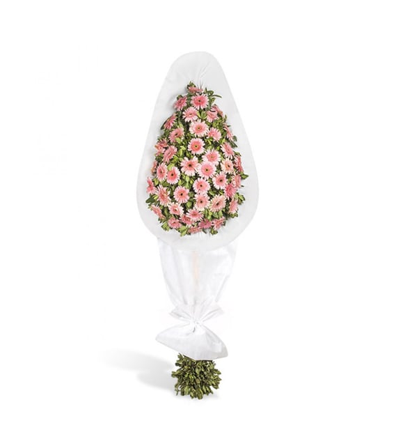 Einstöckiger Trauerkranz mit 45 Rosa Gerbera, Ein 2 Meter hoher Trauerkranz aus fünfundvierzig rosa Gerbera in Tropfenform auf weißem Satinrahmen, auf einem hohen weiß umhüllten Ständer, ein sanfter Gruß zur Beerdigung in Istanbul.