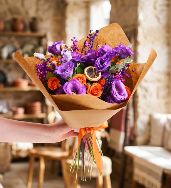Lila Lisianthus und Orange Sprayrosen im Kraftpapier, Lila Lisianthus und orange Sprayrosen mit lila Limonium, getrockneten Zitronenscheiben, Lavendel und Eukalyptus in Kraftpapier, 40 bis 50 cm hoch.