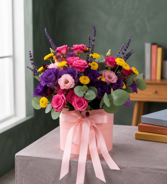 Bunte Lisianthus und Chrysanthemen im Rosa Topf, Lila und rosa Lisianthus mit zweiundzwanzig gelben und sechs bordeauxroten Knopfchrysanthemen, rosa Sprayrosen und Lavendel in einem rosa Topf mit Schleife, 20 bis 30 cm hoch.