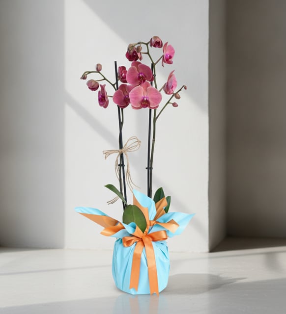 Feurig Pinkrote Orchidee mit Doppeltrieb in Orange-Blauer Hülle, Eine Orchidee mit Doppeltrieb in leuchtendem feurigem Pinkrot, im Polymertopf mit orange und hellblauem Papier und orangem Band, 60 bis 70 cm hoch.