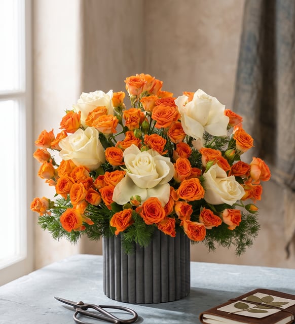 60 Orange Sprayrosen und 5 Weiße Rosen im Grauen Topf, Eine üppige Kuppel aus sechzig orangen Sprayrosen und fünf cremeweißen Rosen mit frischem Grün in einem grauen gerillten Betontopf, 25 bis 30 cm hoch.