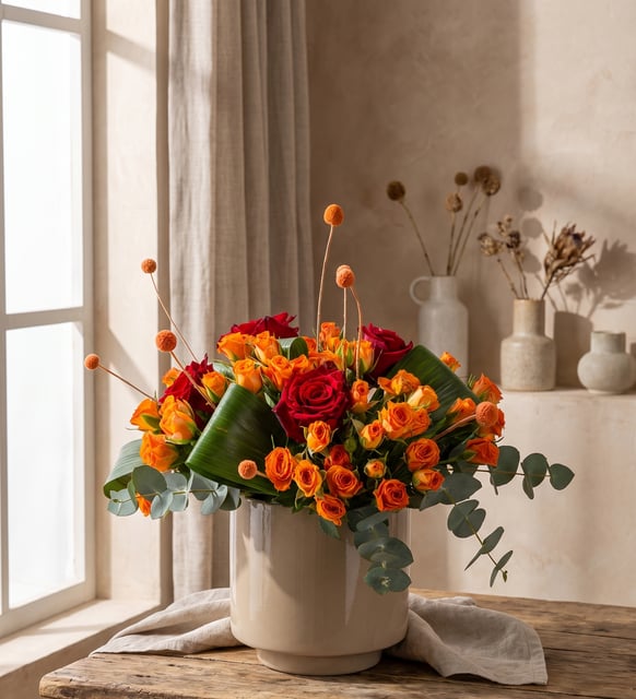 4 Roses Rouges et Roses Branchues Orange en Pot Béton, Quatre roses rouges avec roses branchues orange, craspedia saumon, aspidistra et eucalyptus dans un pot en béton, de 20 à 30 cm, moderne et saisissant.