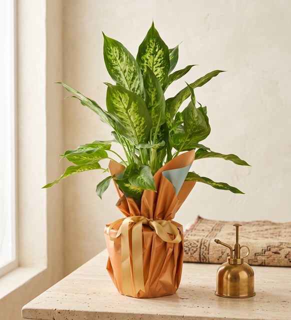 Dieffenbachia Camilla en Pot, Papier Terracotta, Un dieffenbachia camilla aux larges feuilles dans un pot en polymère blanc, enveloppé de papier terracotta et bleu pâle, ruban doré.