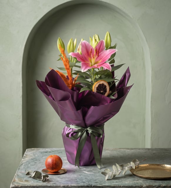 Rosa Lilie im Topf, violettes Papier, Eine rosa Lilie im Polymertopf mit glänzend violettem Papier, dazu Pampasgras und getrocknete Zitrone für Textur.