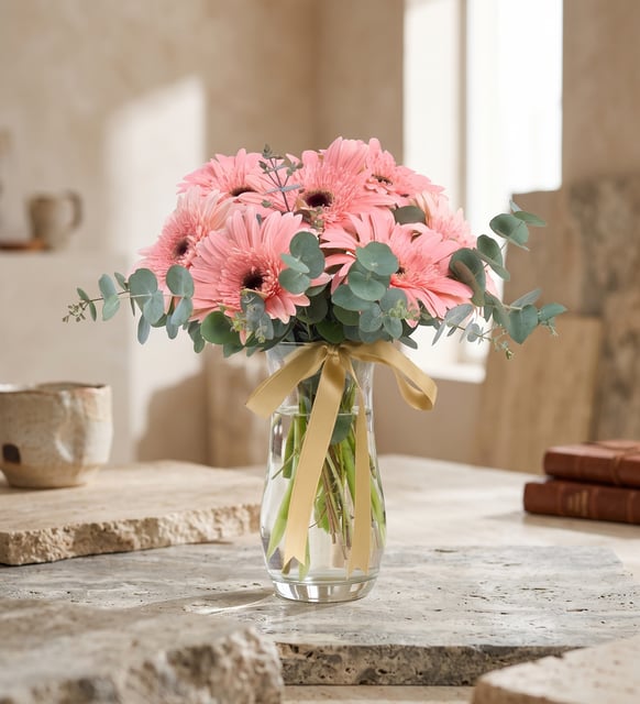 Sieben rosa Gerbera in der Kristallvase, Sieben rosa Gerbera mit Eukalyptus in einer Zylindervase aus Kristallglas, mit goldenem Band. Kommt fertig zum Hinstellen, keine Vase nötig.