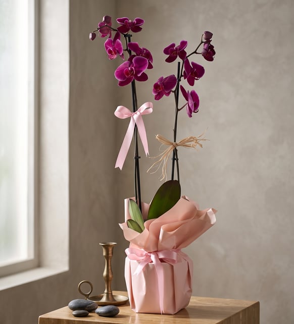 Violette Orchidee mit zwei Trieben im weissen Topf, Zwei Triebe tiefvioletter Phalaenopsis in einem weissen Polymertopf, sechzig bis siebzig Zentimeter hoch und monatelang in Blüte.
