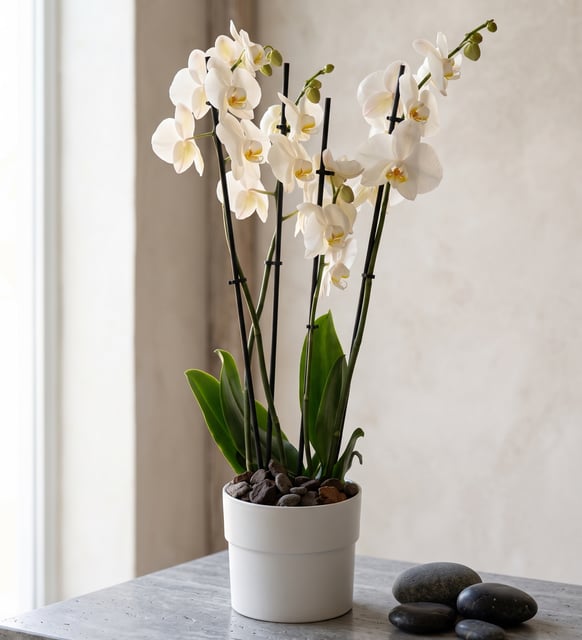 Weiße Orchidee mit vier Trieben im weißen Topf, Zwei weiße Phalaenopsis-Orchideen mit je zwei Trieben, zusammen gepflanzt: vier Blütentriebe in einem schlichten weißen Topf, 55 bis 60 Zentimeter hoch.