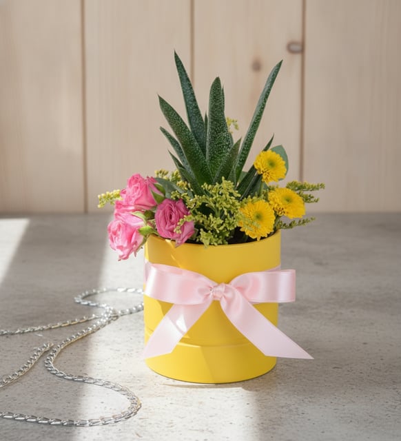 Rosa Rosen und gelbe Chrysanthemen im gelben Topf, Rosa Sprayrosen, vier gelbe Knopf-Chrysanthemen und eine kleine Haworthia im sonnengelben Topf mit zartrosa Schleife.
