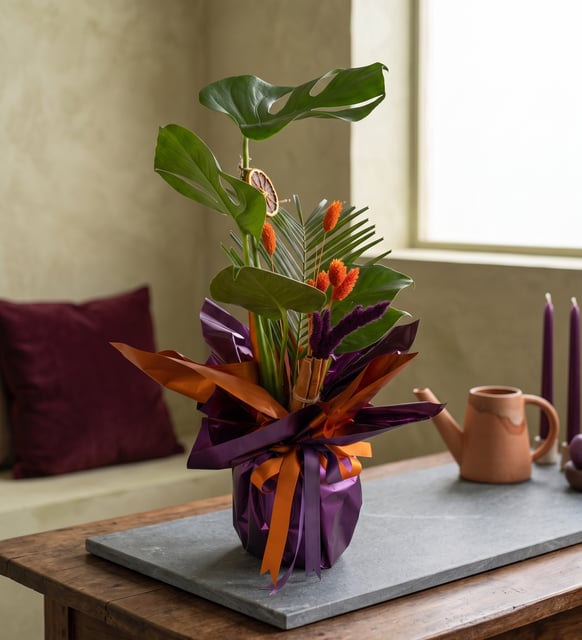 Monstera im Topf mit violett-orangem Papier, Eine Monstera im Topf, eingeschlagen in violettes und oranges Papier, mit getrocknetem orangem Phalaris, violetter Setaria und Zitronenscheiben, 40 bis 50 Zentimeter hoch.