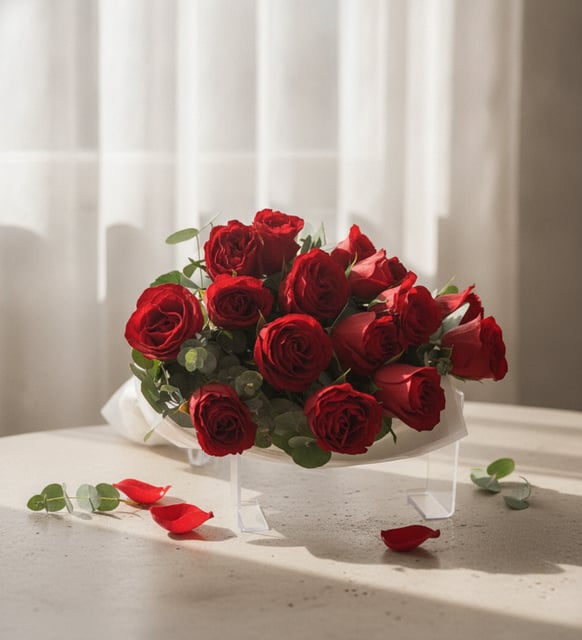 Strauß mit 15 roten Rosen, Fünfzehn rote Rosen zu einem vollen, runden Strauß mit etwas Grün gebunden, die klassische Art, Ich liebe dich zu sagen.