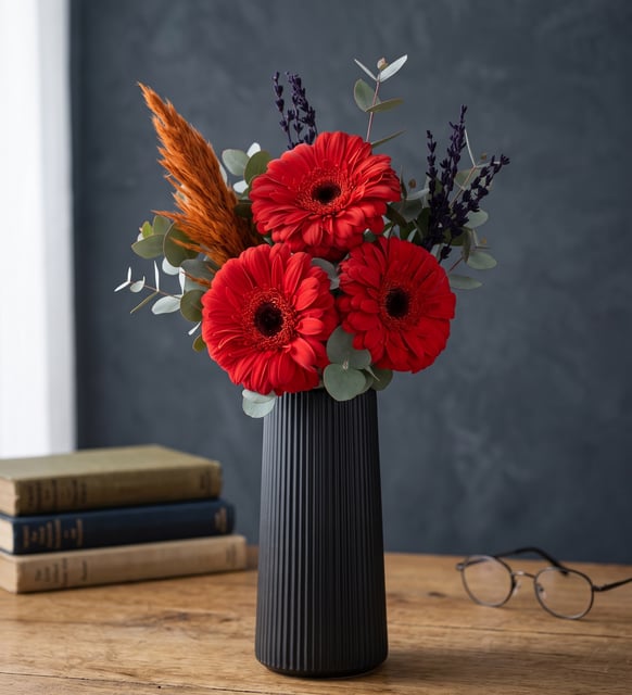 3 rote Gerbera in einer schwarzen Rillenvase, Drei rote Gerbera mit Eukalyptus, Lavendel und Pampasgras in einer mattschwarzen Rillenvase, klein, modern und leuchtend.