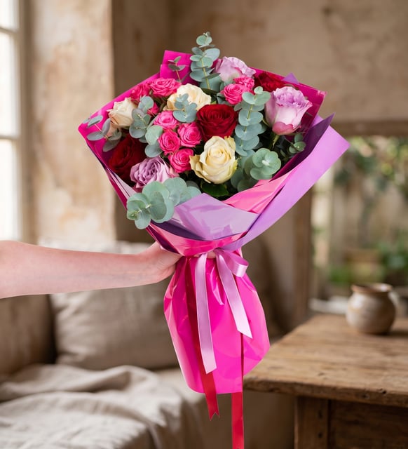 9 Roses in Pink, Red and White, Lilac Wrap, Three pink, three red and three white roses gathered with eucalyptus and wrapped in two-tone lilac and bright pink paper.