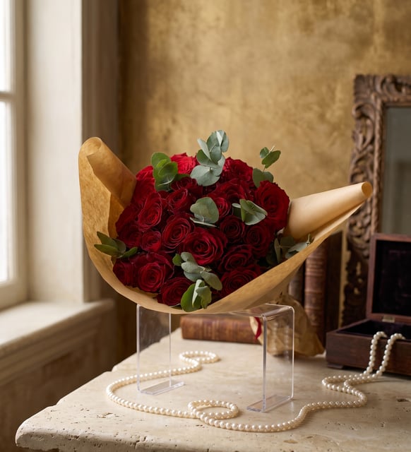 Strauß mit 25 roten Rosen im Kraftpapier, Fünfundzwanzig rote Rosen mit frischem Eukalyptus, in Kraftpapier eingeschlagen und mit rotem Band gebunden.