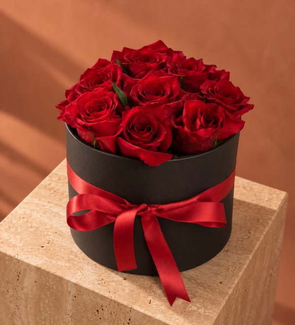 13 rote Rosen in schwarzer Rundbox, Dreizehn rote Rosen dicht in eine schwarze Rundbox gesetzt und mit rotem Satinband gebunden, sofort zum Hinstellen, ohne Vase.