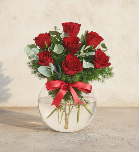 7 Red Roses in a Round Fishbowl Vase, Seven red roses with eucalyptus and feathery greenery in a round glass fishbowl vase, tied with a red satin ribbon.