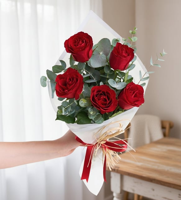 5 Red Roses Bouquet, Five red roses with eucalyptus in white wrap, tied with a red ribbon and raffia, a small bouquet with a clear message.
