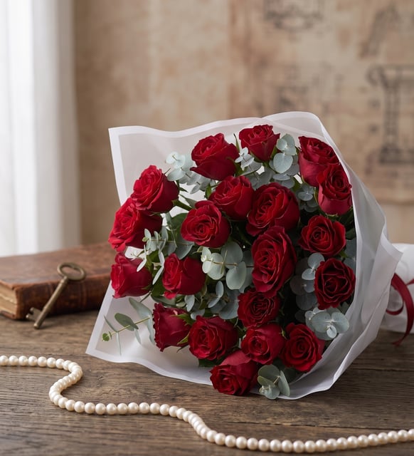 Bouquet de 20 Roses Rouges en Emballage Blanc, Vingt roses rouges avec de l'eucalyptus dans un emballage blanc à bord rayé, un bouquet généreux pour un grand jour.