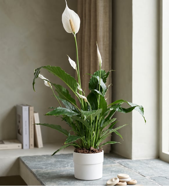 White Peace Lily in a White Pot, A white-flowering peace lily in a clean white pot, an easy-care plant that lasts for years.